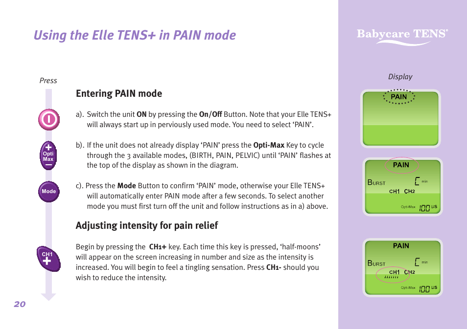 Using the elle tens+ in pain mode | Babycare TENS Elle TENS User Manual | Page 20 / 36
