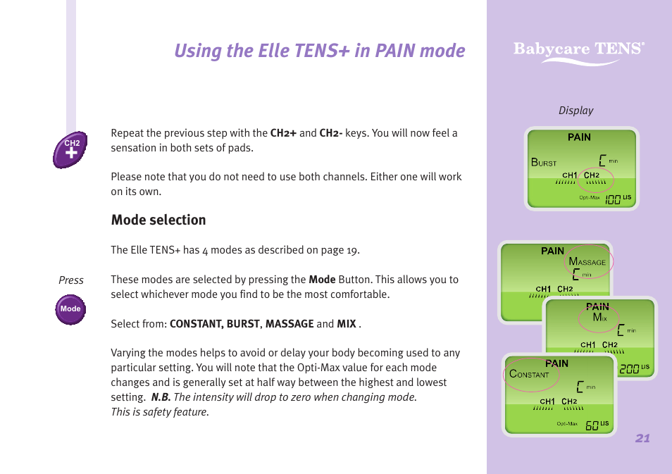 Using the elle tens+ in pain mode | Babycare TENS Elle TENS User Manual | Page 21 / 36