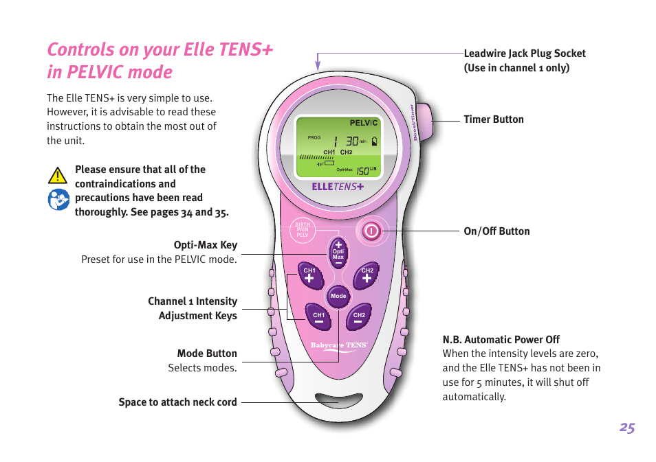 Controls on your elle tens+ in pelvic mode | Babycare TENS Elle TENS User Manual | Page 25 / 36