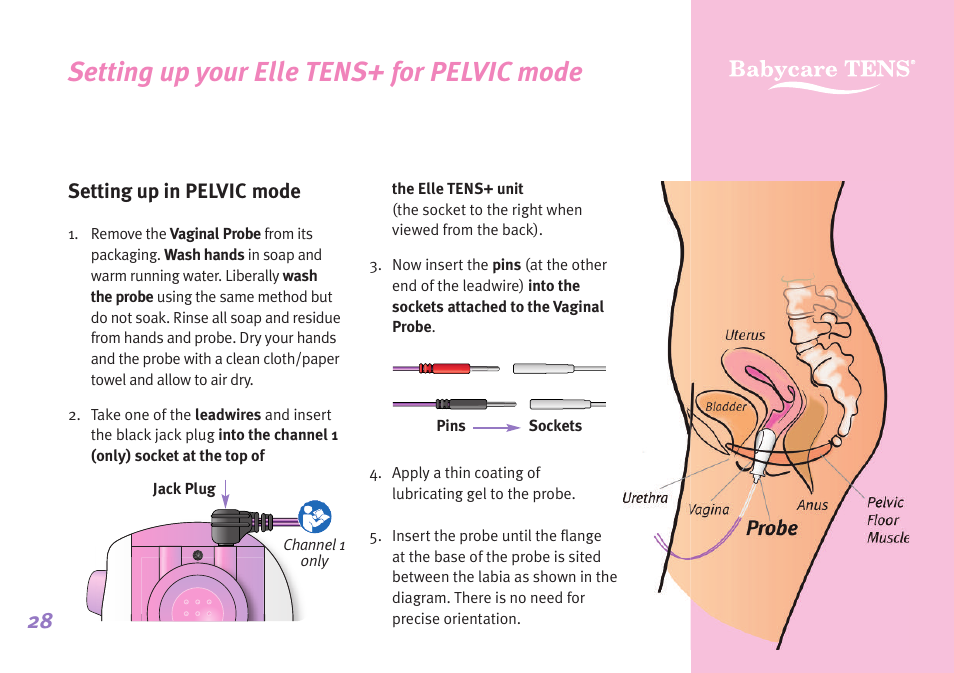 Setting up your elle tens+ for pelvic mode, Setting up in pelvic mode | Babycare TENS Elle TENS User Manual | Page 28 / 36