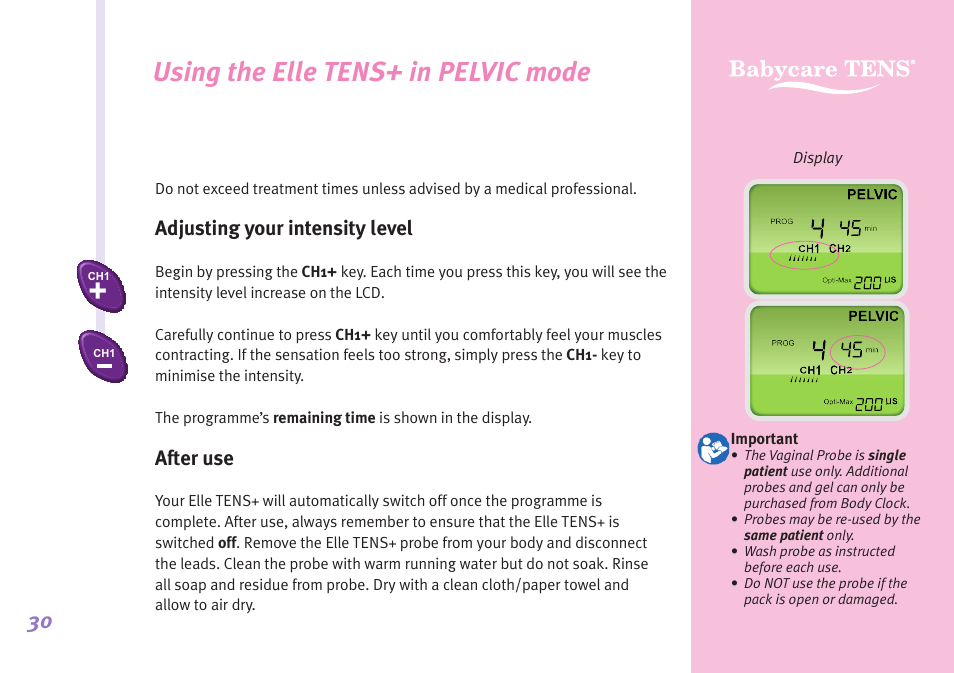 Using the elle tens+ in pelvic mode, Adjusting your intensity level, After use | Babycare TENS Elle TENS User Manual | Page 30 / 36