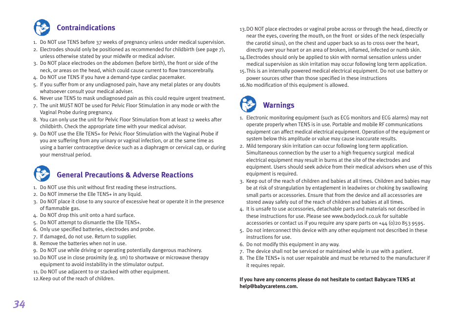 Contraindications, General precautions & adverse reactions, Warnings | Babycare TENS Elle TENS User Manual | Page 34 / 36