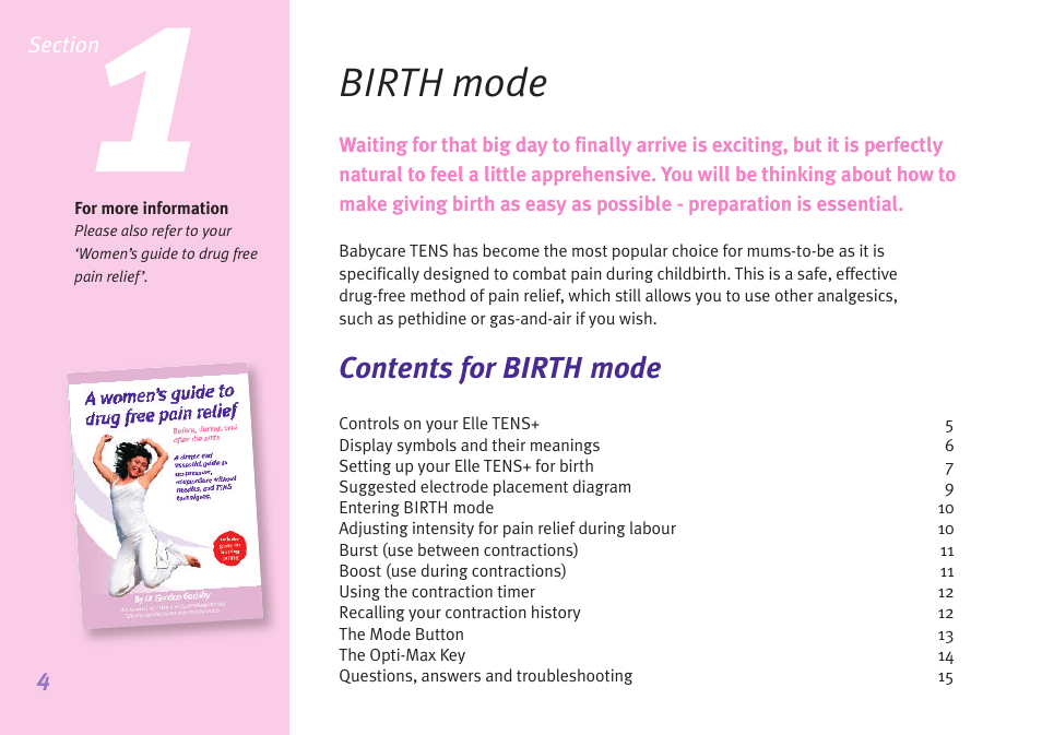 Birth mode, Contents for birth mode | Babycare TENS Elle TENS User Manual | Page 4 / 36
