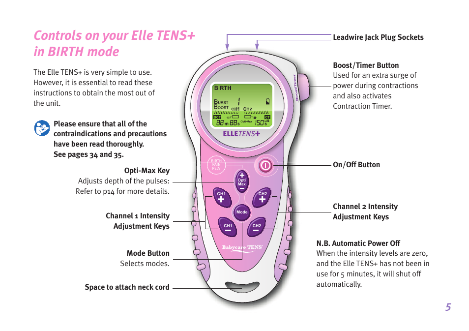 Controls on your elle tens+ in birth mode | Babycare TENS Elle TENS User Manual | Page 5 / 36