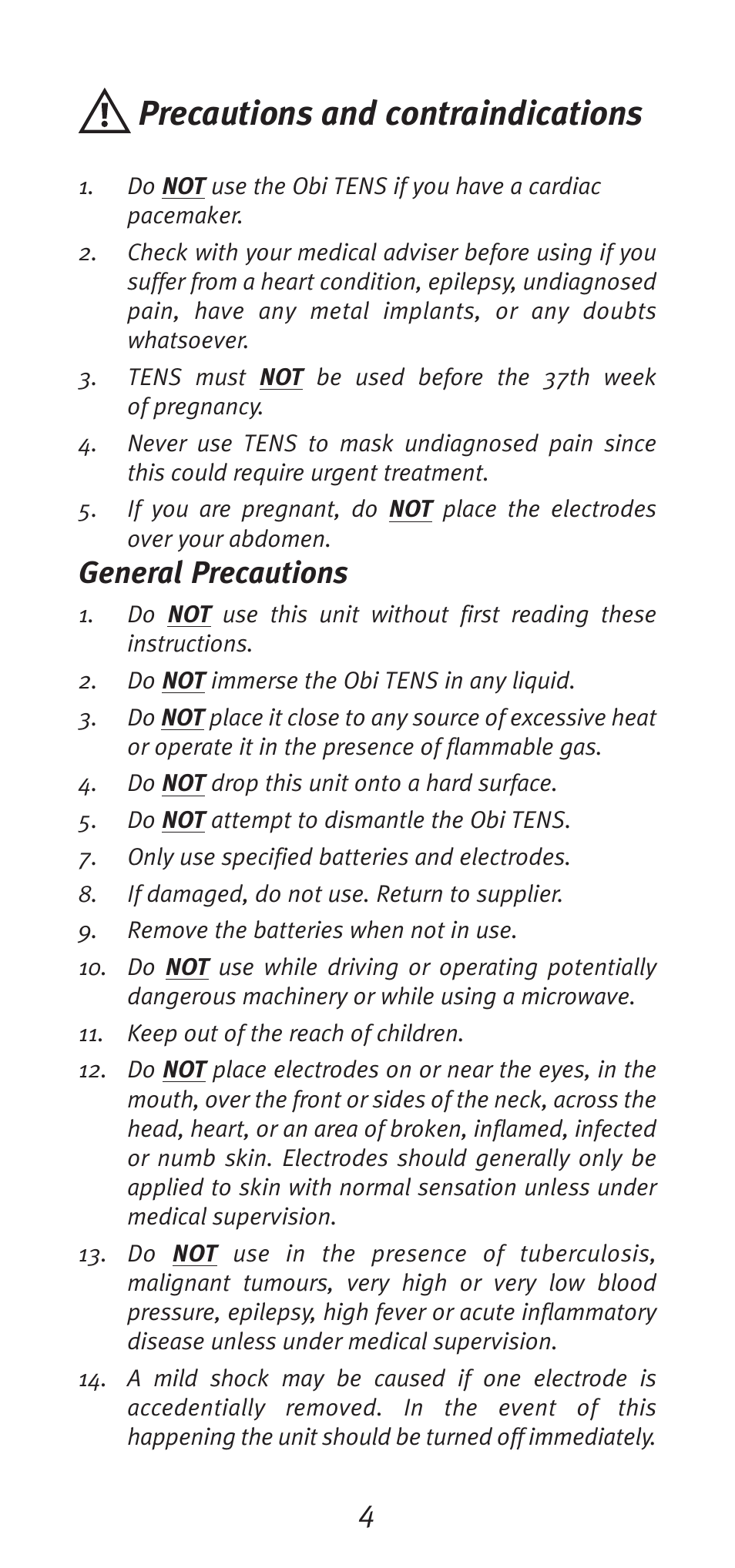 Precautions and contraindications, General precautions | Babycare TENS Obi TENS User Manual | Page 4 / 12