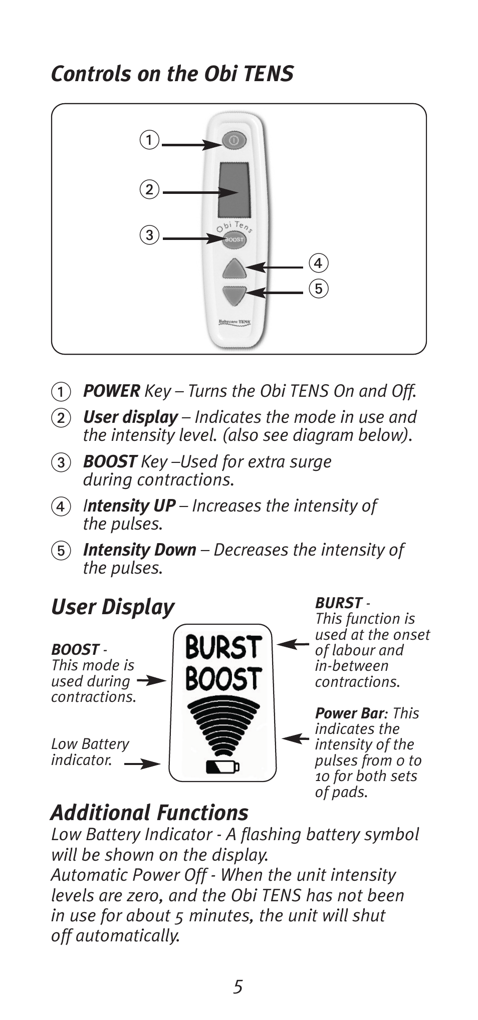 Controls on the obi tens, User display additional functions | Babycare TENS Obi TENS User Manual | Page 5 / 12