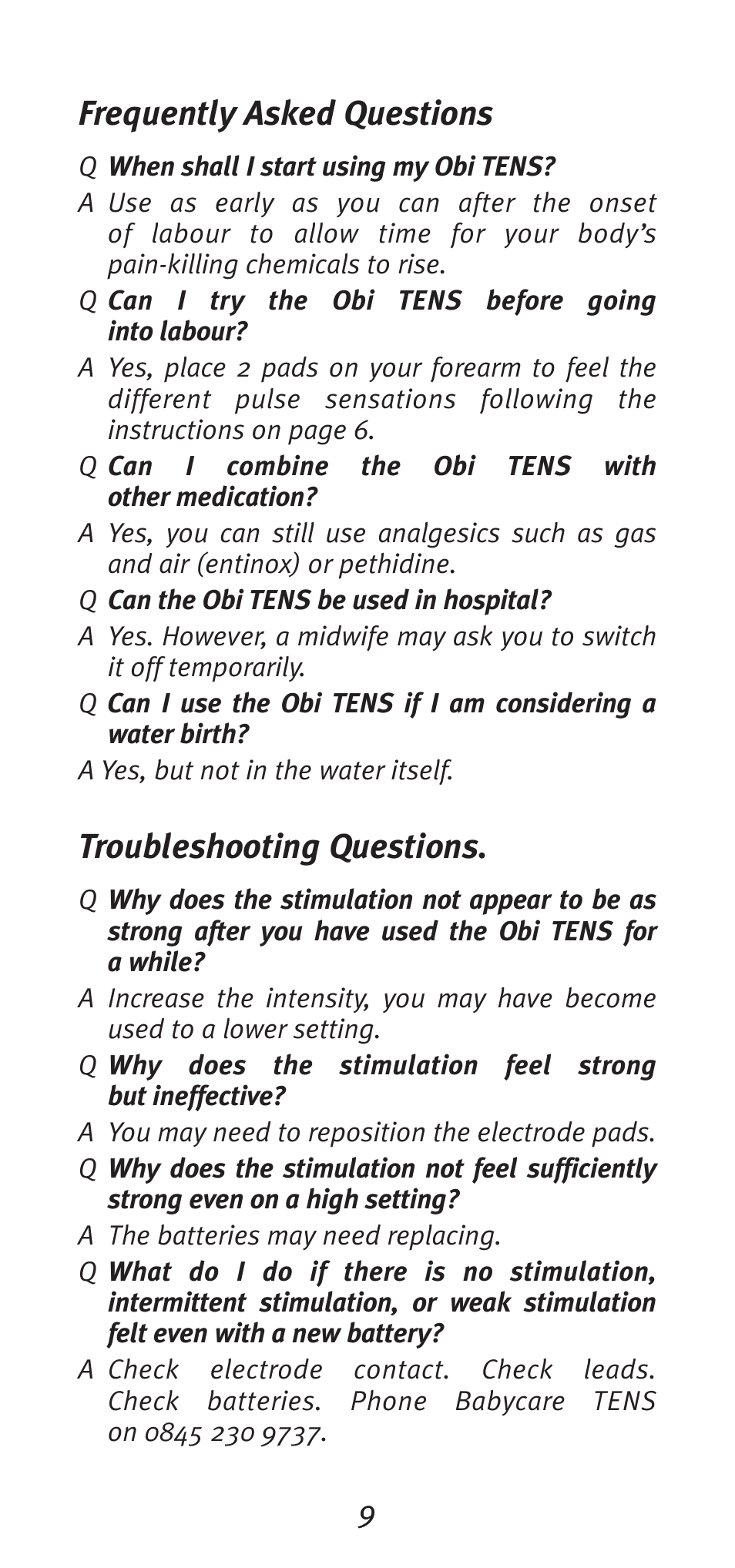 Frequently asked questions, Troubleshooting questions | Babycare TENS Obi TENS User Manual | Page 9 / 12