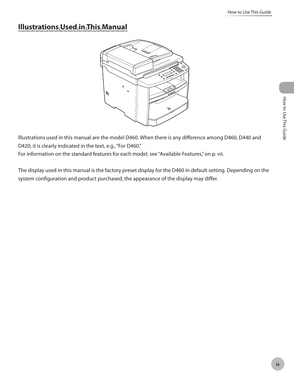 Illustrations used in this manual | Canon IMAGECLASS D460 User Manual | Page 10 / 177