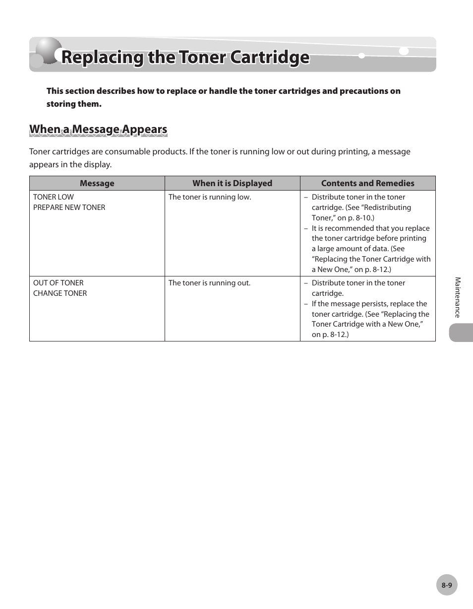 Replacing the toner cartridge, When a message appears, Replacng the toner cartrdge -9 | When a message appears -9, Replacing the toner cartridge -9 | Canon IMAGECLASS D460 User Manual | Page 116 / 177