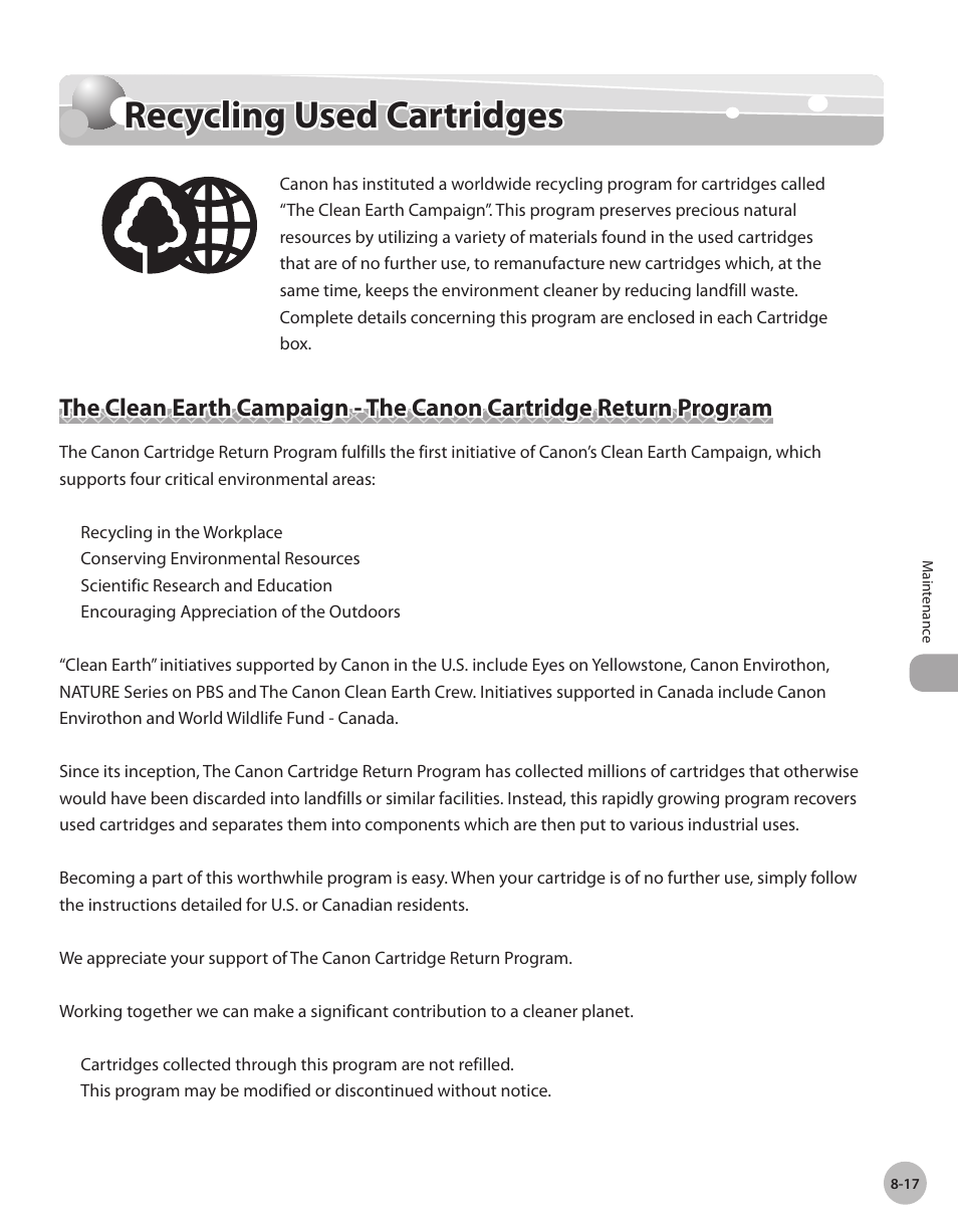 Recycling used cartridges, Recyclng used cartrdges -17, Recycling used cartridges -17 | Canon IMAGECLASS D460 User Manual | Page 124 / 177