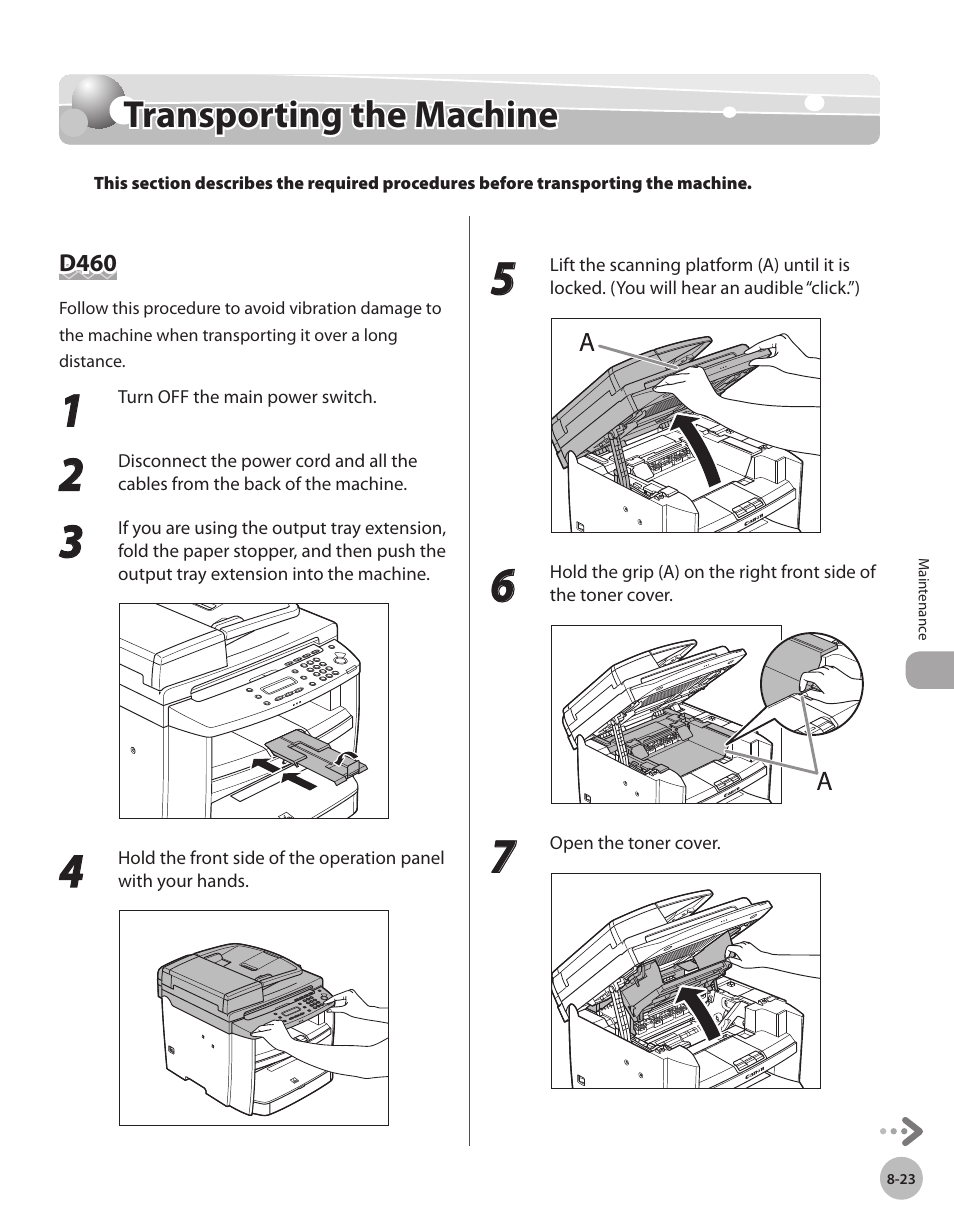 Transporting the machine, D460, Transportng the machne -23 | D460 -23, Transporting the machine -23 | Canon IMAGECLASS D460 User Manual | Page 130 / 177