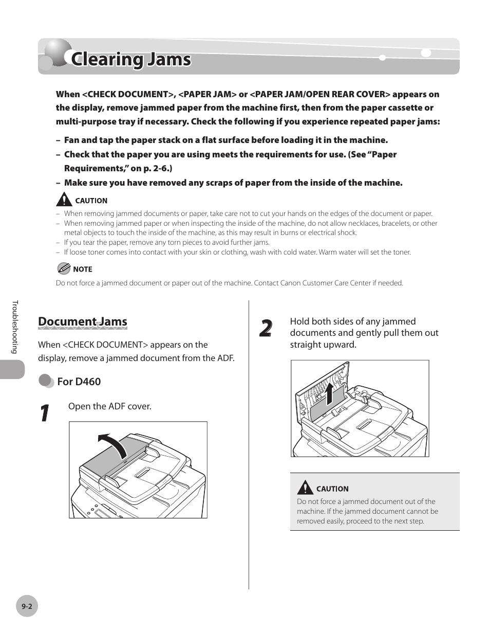 Clearing jams, Document jams, Clearng jams -2 | Document jams -2, Clearing jams -2 | Canon IMAGECLASS D460 User Manual | Page 139 / 177