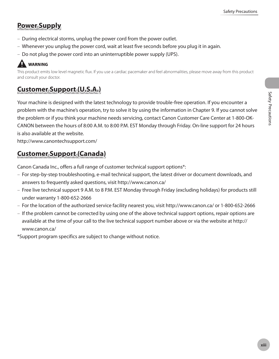 Power supply, Customer support (u.s.a.), Customer support (canada) | Canon IMAGECLASS D460 User Manual | Page 14 / 177