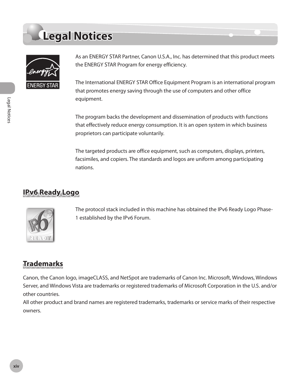 Legal notices, Ipv6 ready logo, Trademarks | Canon IMAGECLASS D460 User Manual | Page 15 / 177
