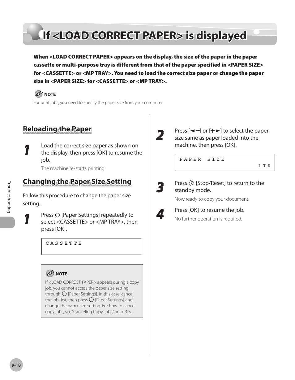 If <load correct paper> is displayed, Reloading the paper, Changing the paper size setting | If <load correct paper> s dsplayed -18, If <load correct paper> is displayed -18 | Canon IMAGECLASS D460 User Manual | Page 155 / 177