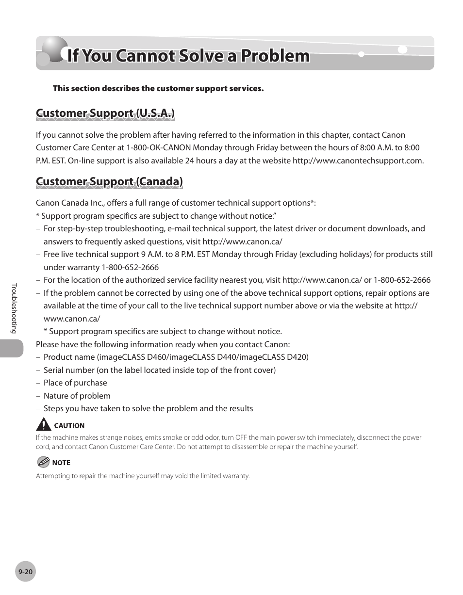 If you cannot solve a problem, Customer support (u.s.a.), Customer support (canada) | If you cannot solve a problem -20 | Canon IMAGECLASS D460 User Manual | Page 157 / 177