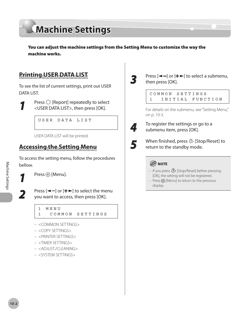 Machine settings, Printing user data list, Accessing the setting menu | Machne settngs -2, Machine settings -2 | Canon IMAGECLASS D460 User Manual | Page 159 / 177