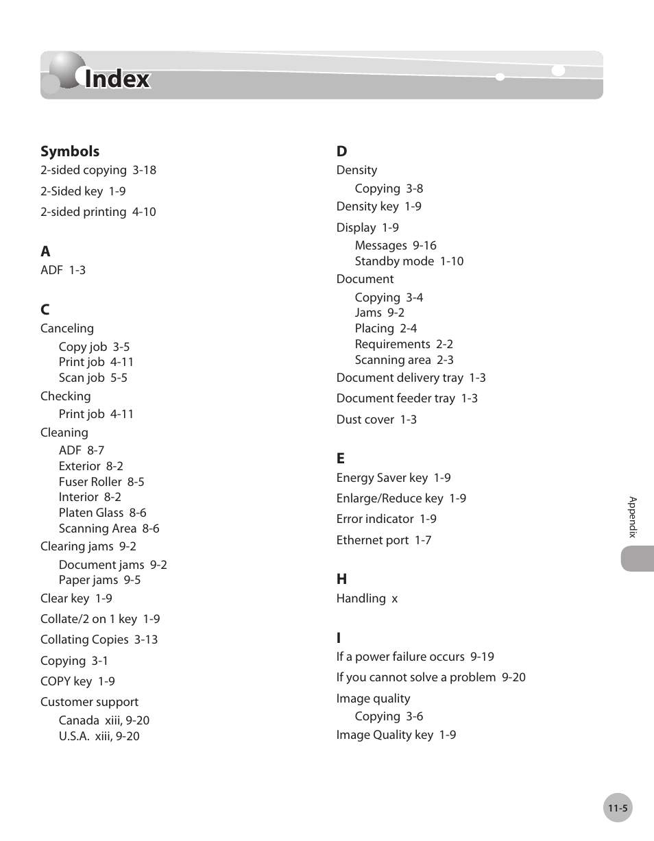 Index, Index -5 | Canon IMAGECLASS D460 User Manual | Page 174 / 177