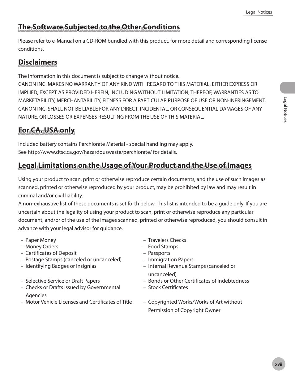 The software subjected to the other conditions, Disclaimers, For ca, usa only | Canon IMAGECLASS D460 User Manual | Page 18 / 177