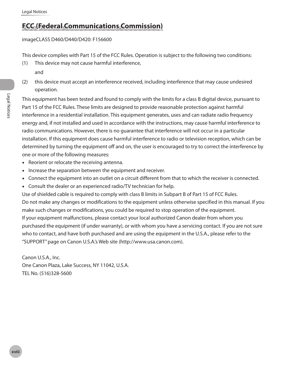 Fcc (federal communications commission) | Canon IMAGECLASS D460 User Manual | Page 19 / 177