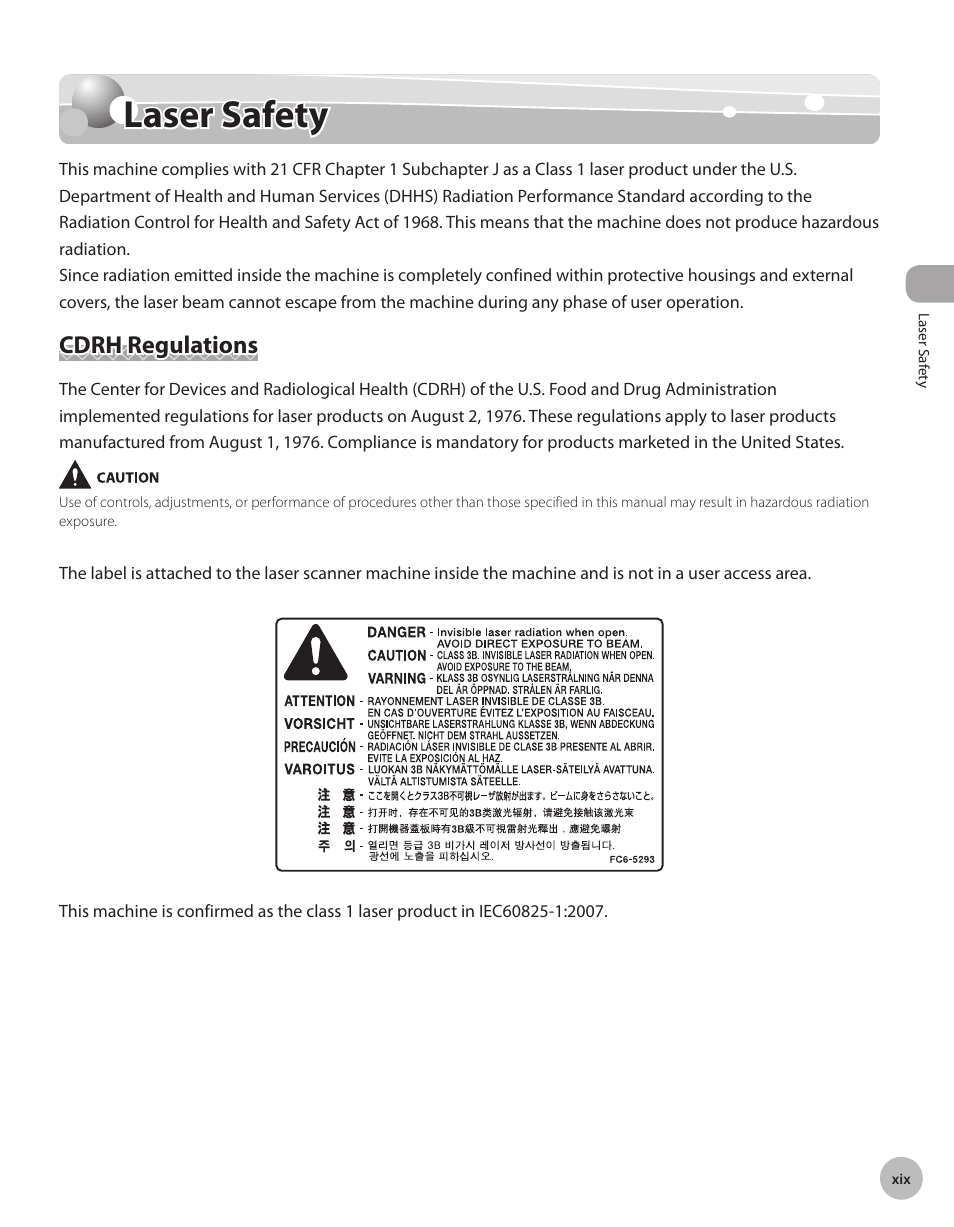 Laser safety, Cdrh regulations | Canon IMAGECLASS D460 User Manual | Page 20 / 177