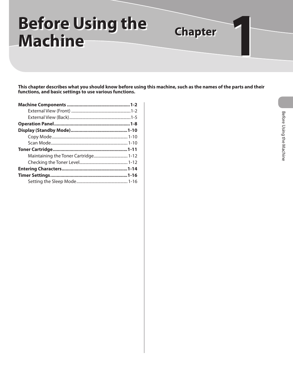 1 before using the machine, 1 before using the machine -1, Before using the machine | Canon IMAGECLASS D460 User Manual | Page 22 / 177