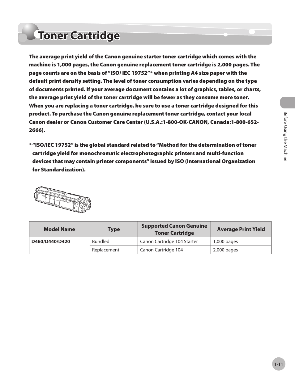 Toner cartridge, Toner cartrdge -11, Toner cartridge -11 | Canon IMAGECLASS D460 User Manual | Page 32 / 177