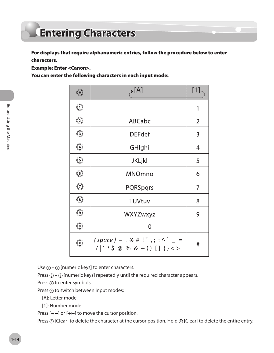 Entering characters, Enterng characters -14, Entering characters -14 | Canon IMAGECLASS D460 User Manual | Page 35 / 177