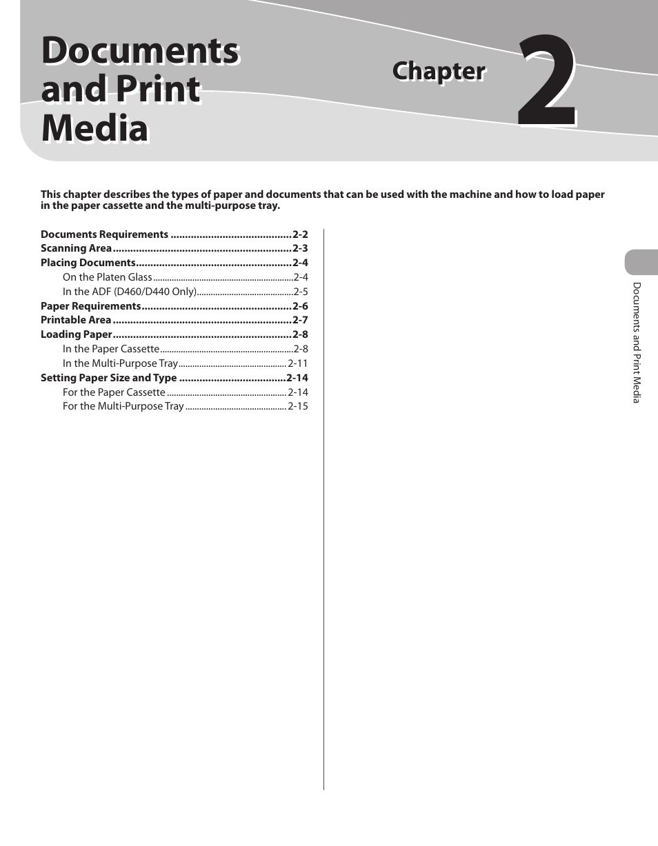 2 documents and print media, 2 documents and print, Media -1 | Documents and print media | Canon IMAGECLASS D460 User Manual | Page 38 / 177