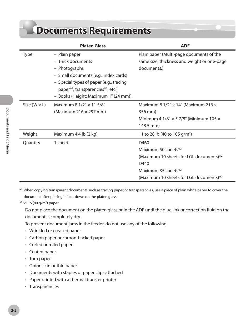 Documents requirements, Documents requrements -2, Documents requirements -2 | Canon IMAGECLASS D460 User Manual | Page 39 / 177