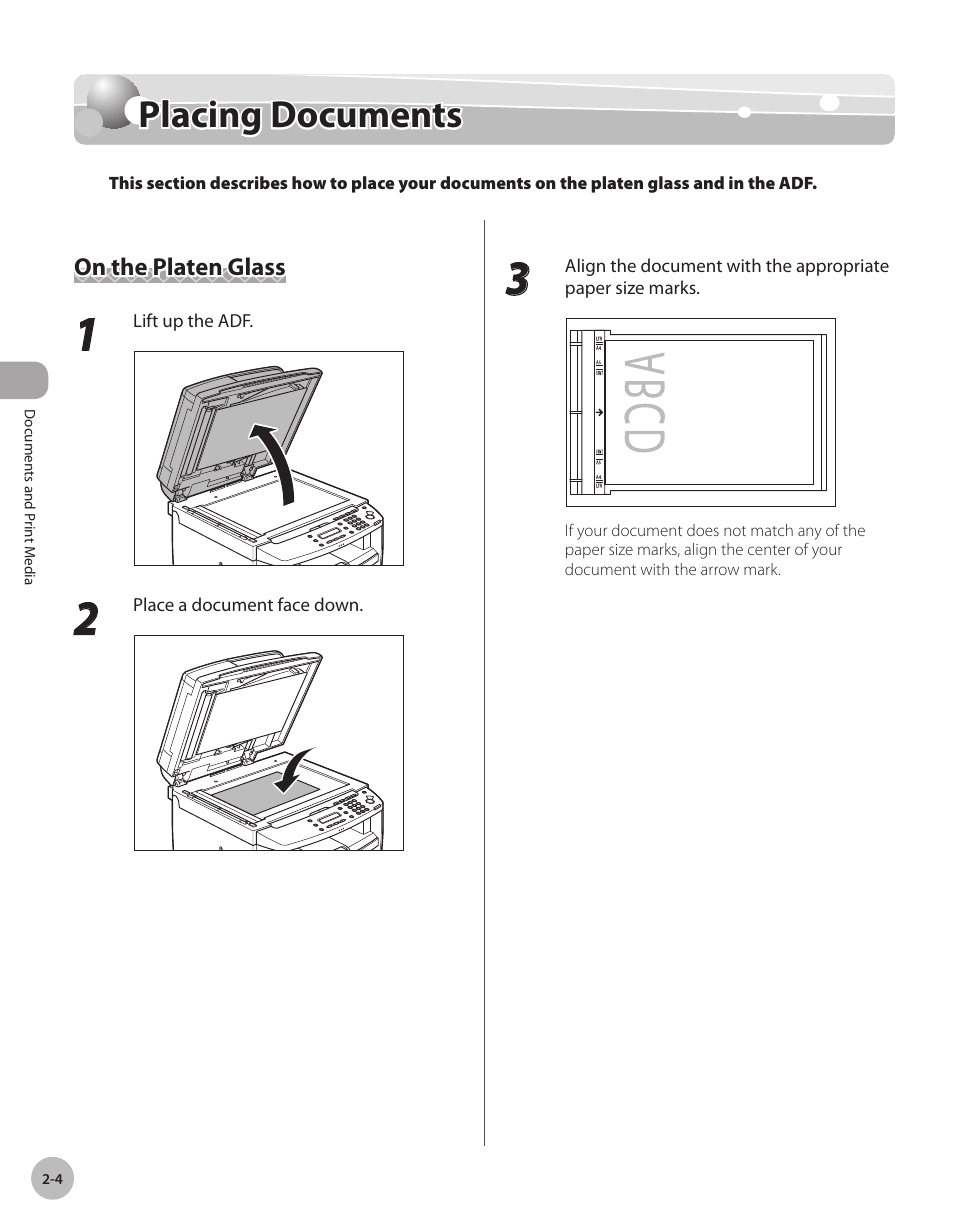 Placing documents, On the platen glass, Placng documents -4 | On the platen glass -4, Placing documents -4 | Canon IMAGECLASS D460 User Manual | Page 41 / 177