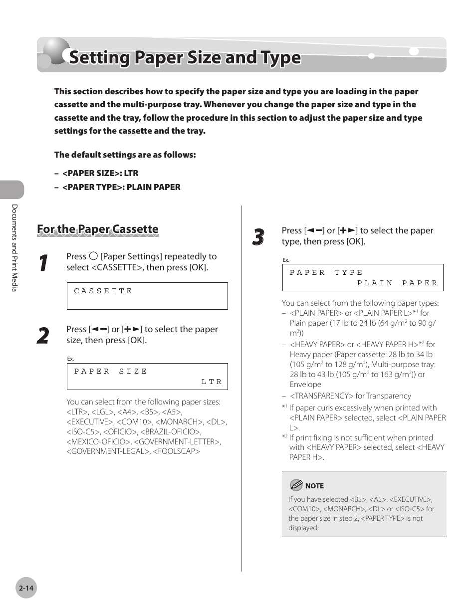 Setting paper size and type, For the paper cassette, Settng paper sze and type -14 | For the paper cassette -14, Setting paper size and type -14 | Canon IMAGECLASS D460 User Manual | Page 51 / 177