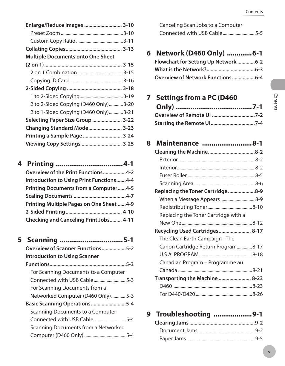 4 printing -1, 5 scanning -1, 8 maintenance -1 | 9 troubleshooting -1 | Canon IMAGECLASS D460 User Manual | Page 6 / 177