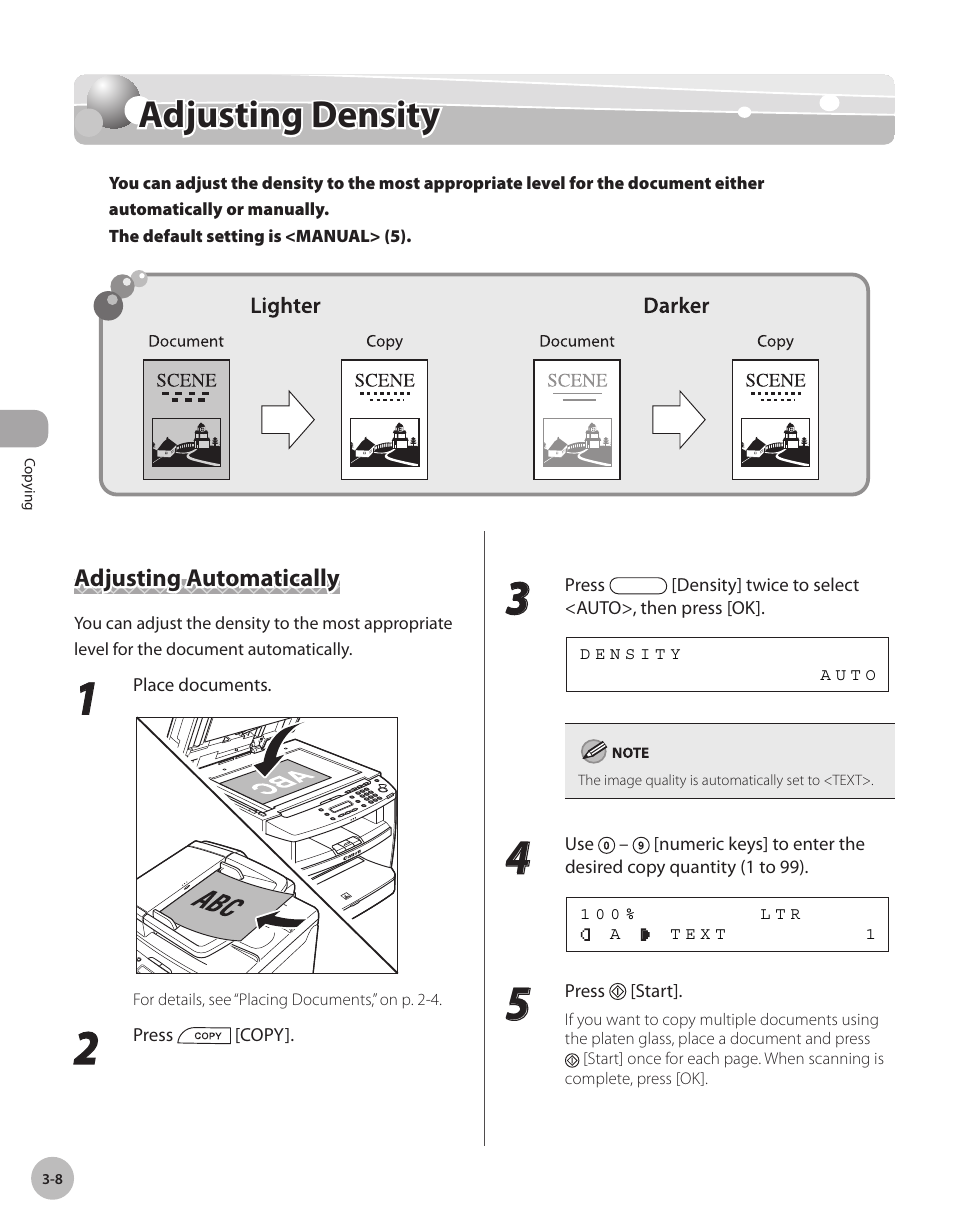 Adjusting density, Adjusting automatically, Adjustng densty -8 | Adjusting automatically -8, Adjusting density -8 | Canon IMAGECLASS D460 User Manual | Page 61 / 177