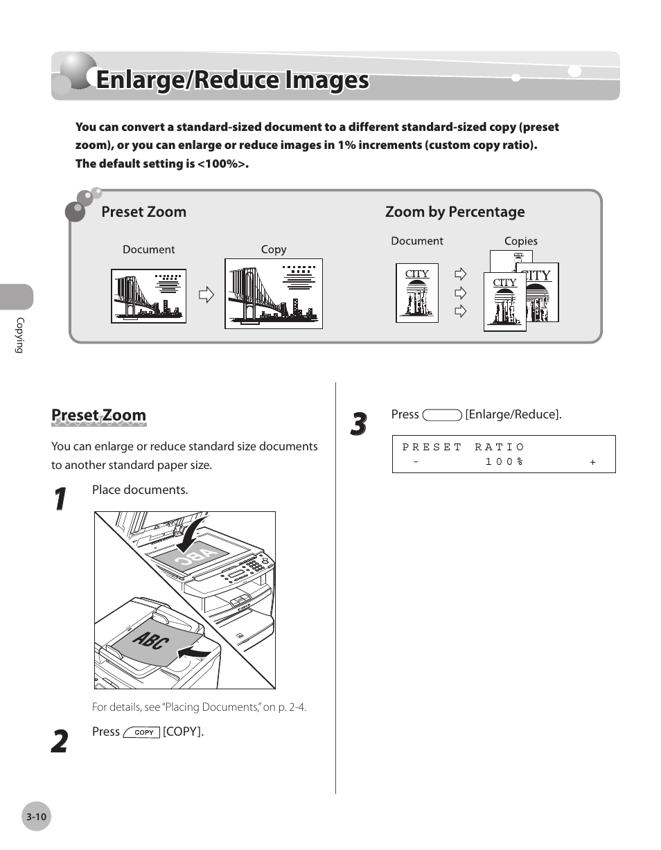 Enlarge/reduce images, Preset zoom, Enlarge/reduce images -10 | Preset zoom -10 | Canon IMAGECLASS D460 User Manual | Page 63 / 177