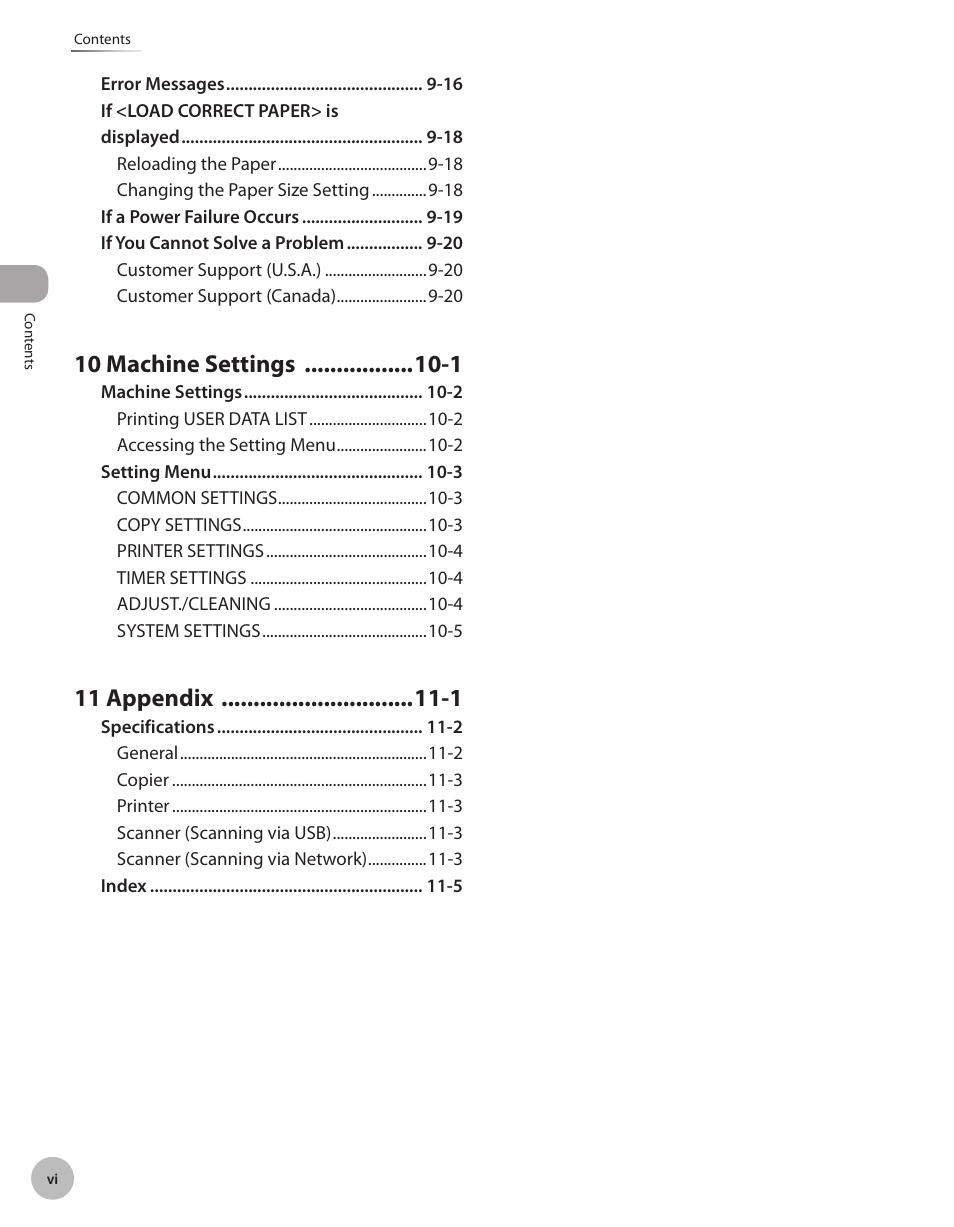 10 machine settings -1, 11 appendix -1 | Canon IMAGECLASS D460 User Manual | Page 7 / 177