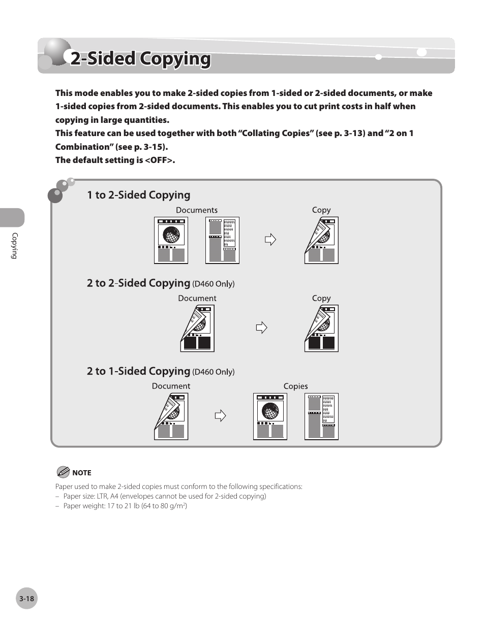 Sided copying, Sded copyng -18, Sided copying -18 | 18) and, Copying | Canon IMAGECLASS D460 User Manual | Page 71 / 177