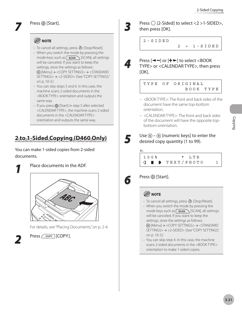 2 to 1-sided copying (d460 only), 2 to 1-sided copying (d460 only) -21, To 1-sided copying (d460 only) | 2 to 1, Sided copying (d460 only) | Canon IMAGECLASS D460 User Manual | Page 74 / 177