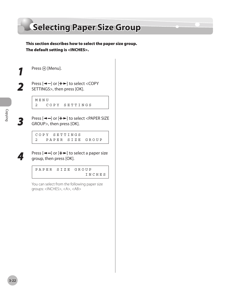Selecting paper size group, Selectng paper sze group -22, Selecting paper size group -22 | Canon IMAGECLASS D460 User Manual | Page 75 / 177