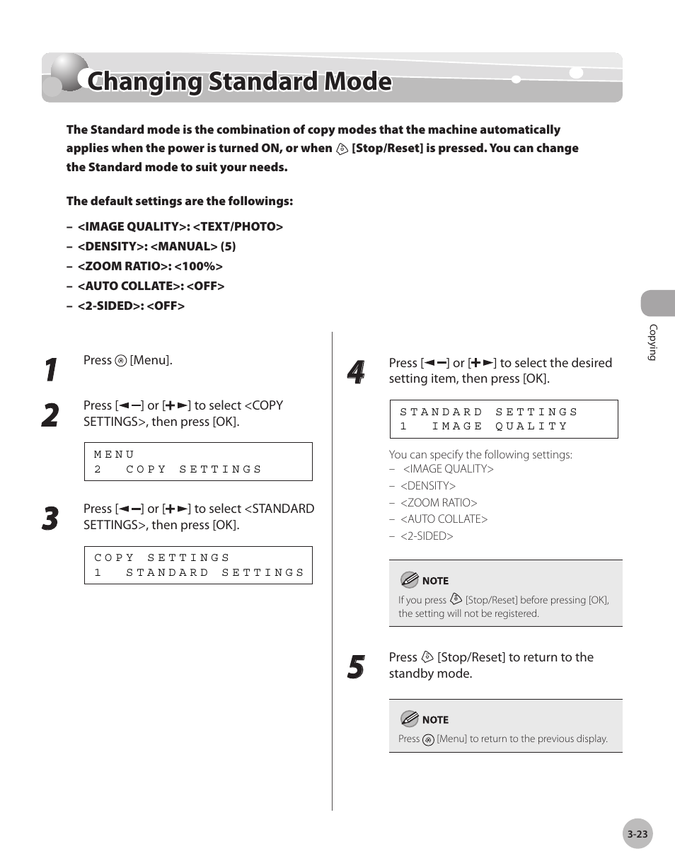 Changing standard mode, Changng standard mode -23, Changing standard mode -23 | Canon IMAGECLASS D460 User Manual | Page 76 / 177