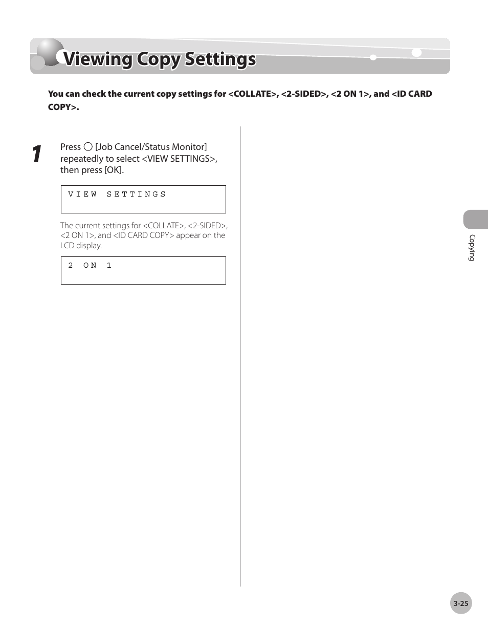 Viewing copy settings, Vewng copy settngs -25, Viewing copy settings -25 | Canon IMAGECLASS D460 User Manual | Page 78 / 177