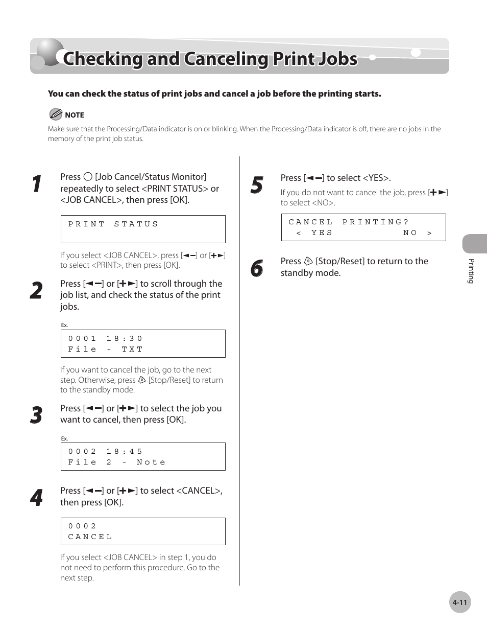 Checking and canceling print jobs, Checkng and cancelng prnt jobs -11, Checking and canceling print jobs -11 | Canon IMAGECLASS D460 User Manual | Page 90 / 177