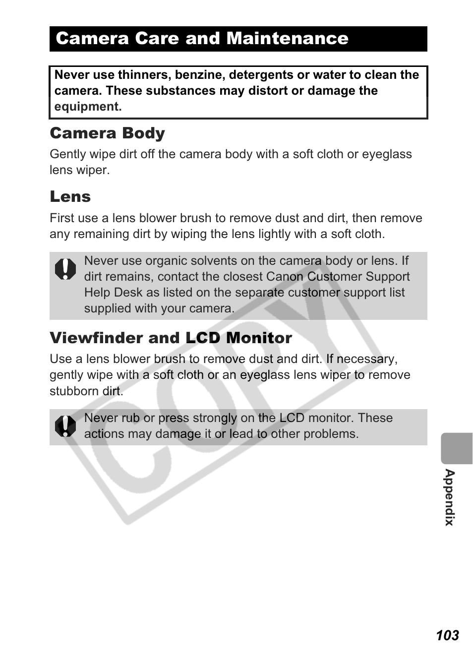 Camera care and maintenance, Camera body, Lens | Viewfinder and lcd monitor | Canon A550 User Manual | Page 105 / 123