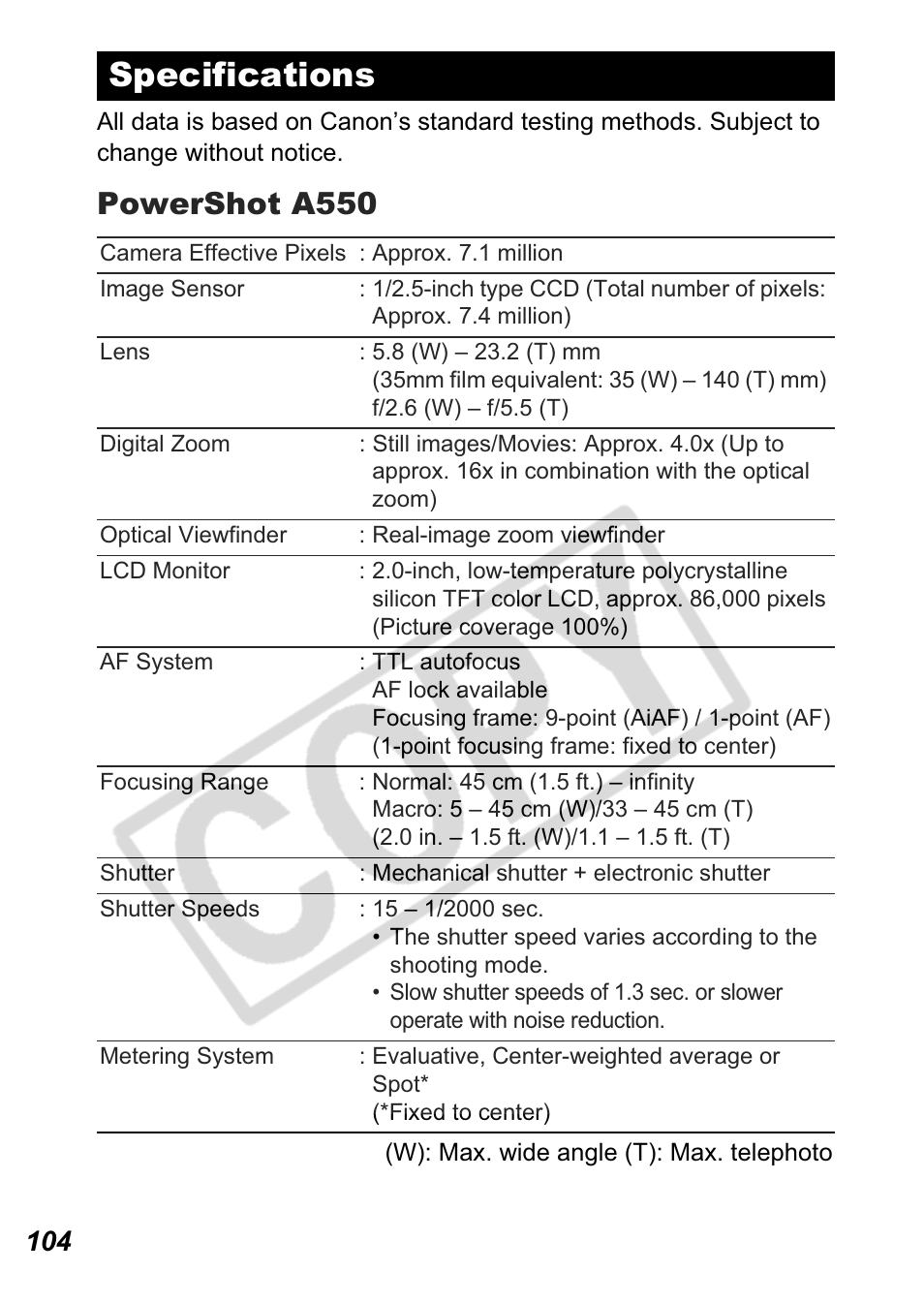 Specifications, Powershot a550 | Canon A550 User Manual | Page 106 / 123