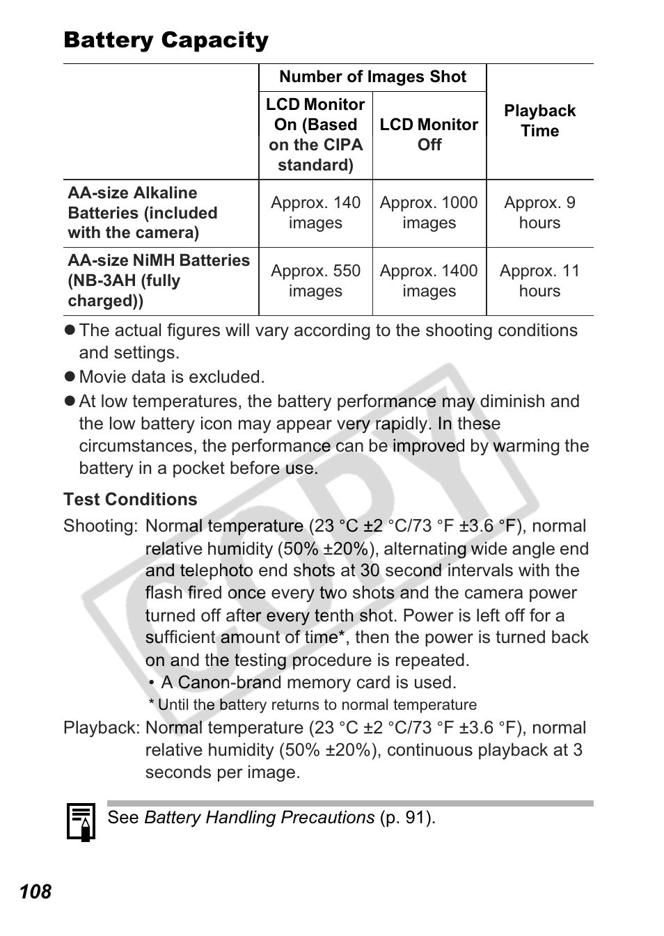 Battery capacity | Canon A550 User Manual | Page 110 / 123