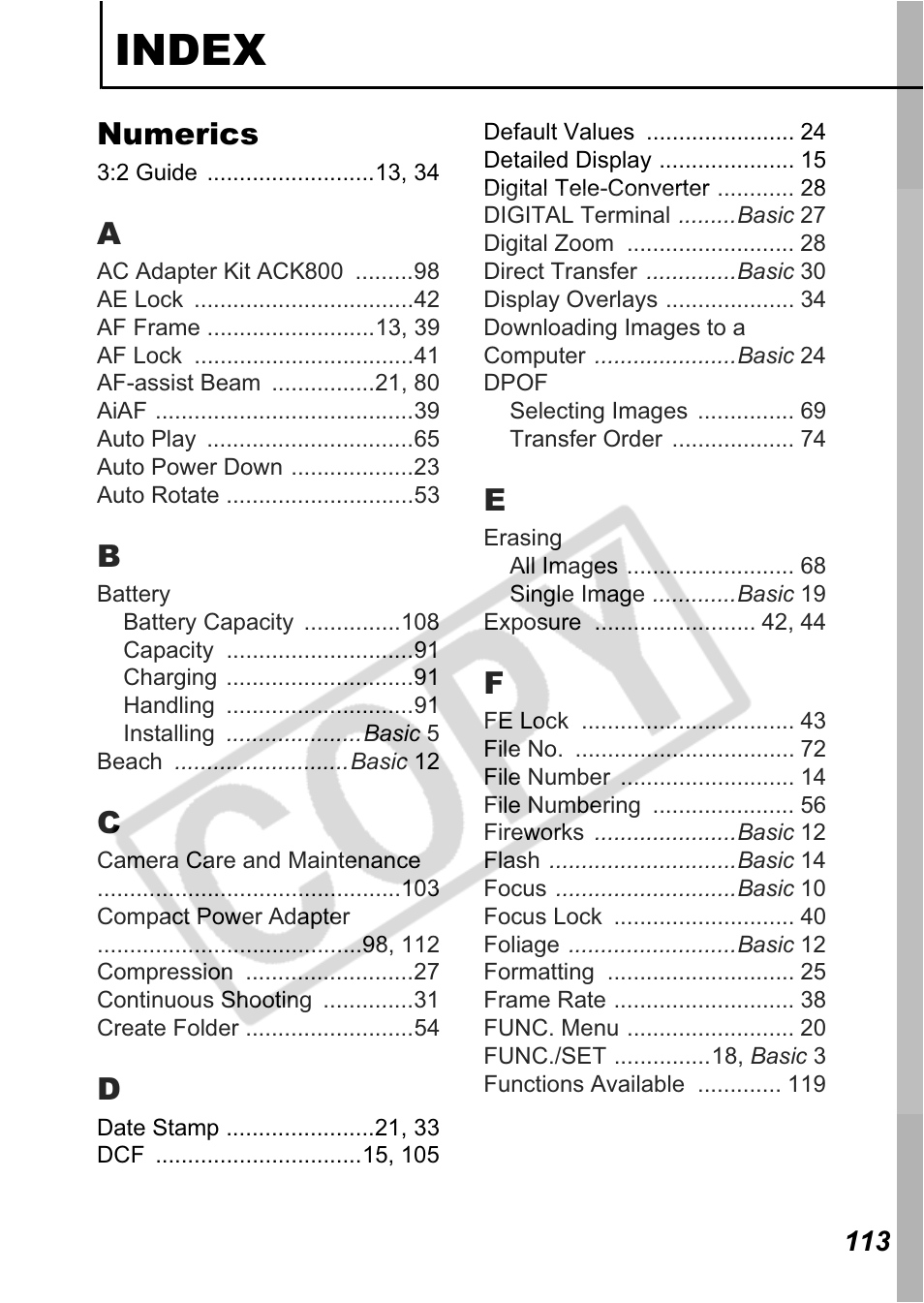 Index, Numerics | Canon A550 User Manual | Page 115 / 123