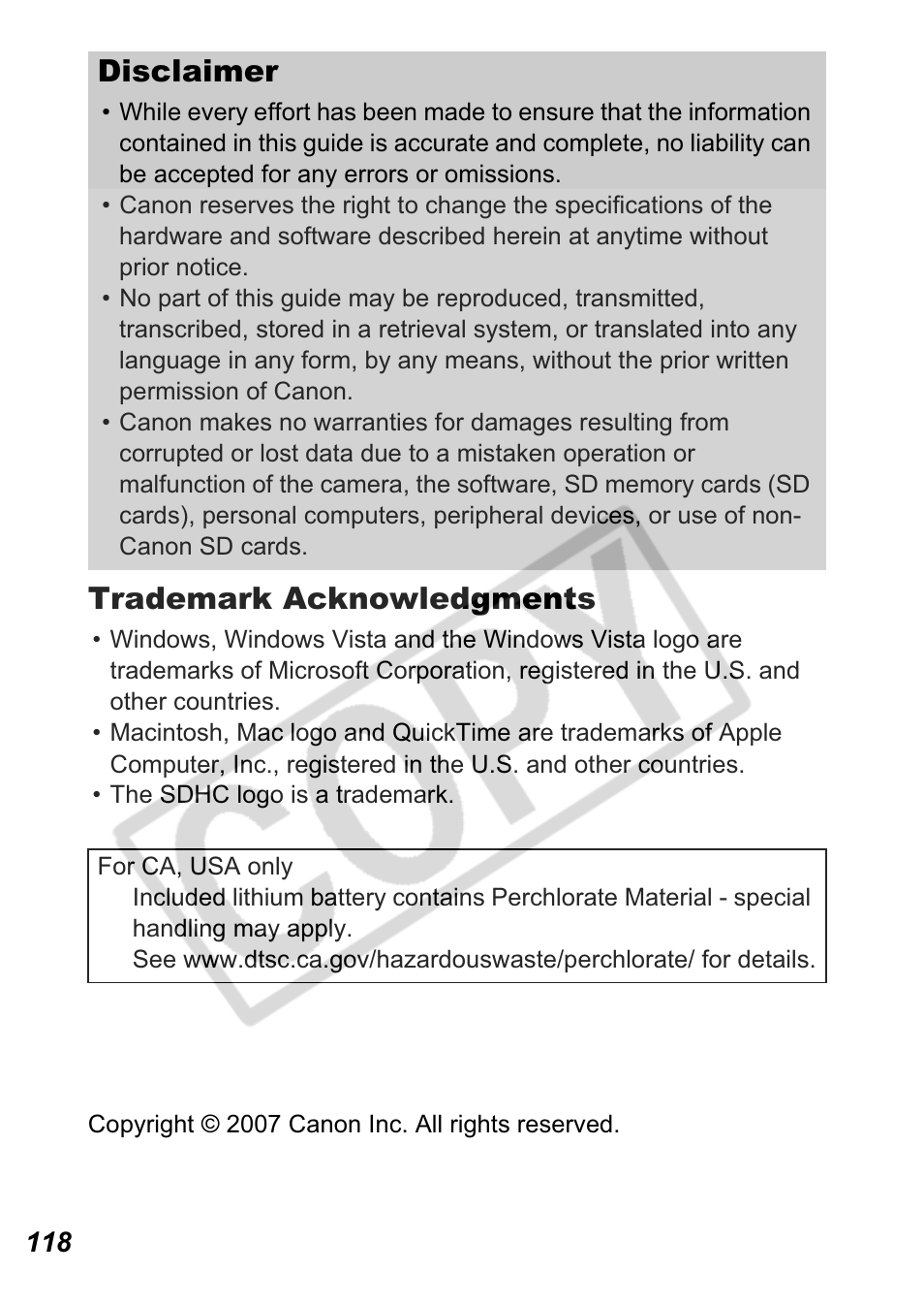 Trademark acknowledgments, Disclaimer | Canon A550 User Manual | Page 120 / 123
