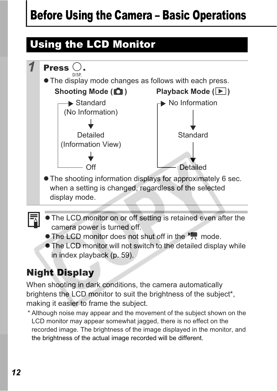 Before using the camera – basic operations, Using the lcd monitor, Night display | Canon A550 User Manual | Page 14 / 123
