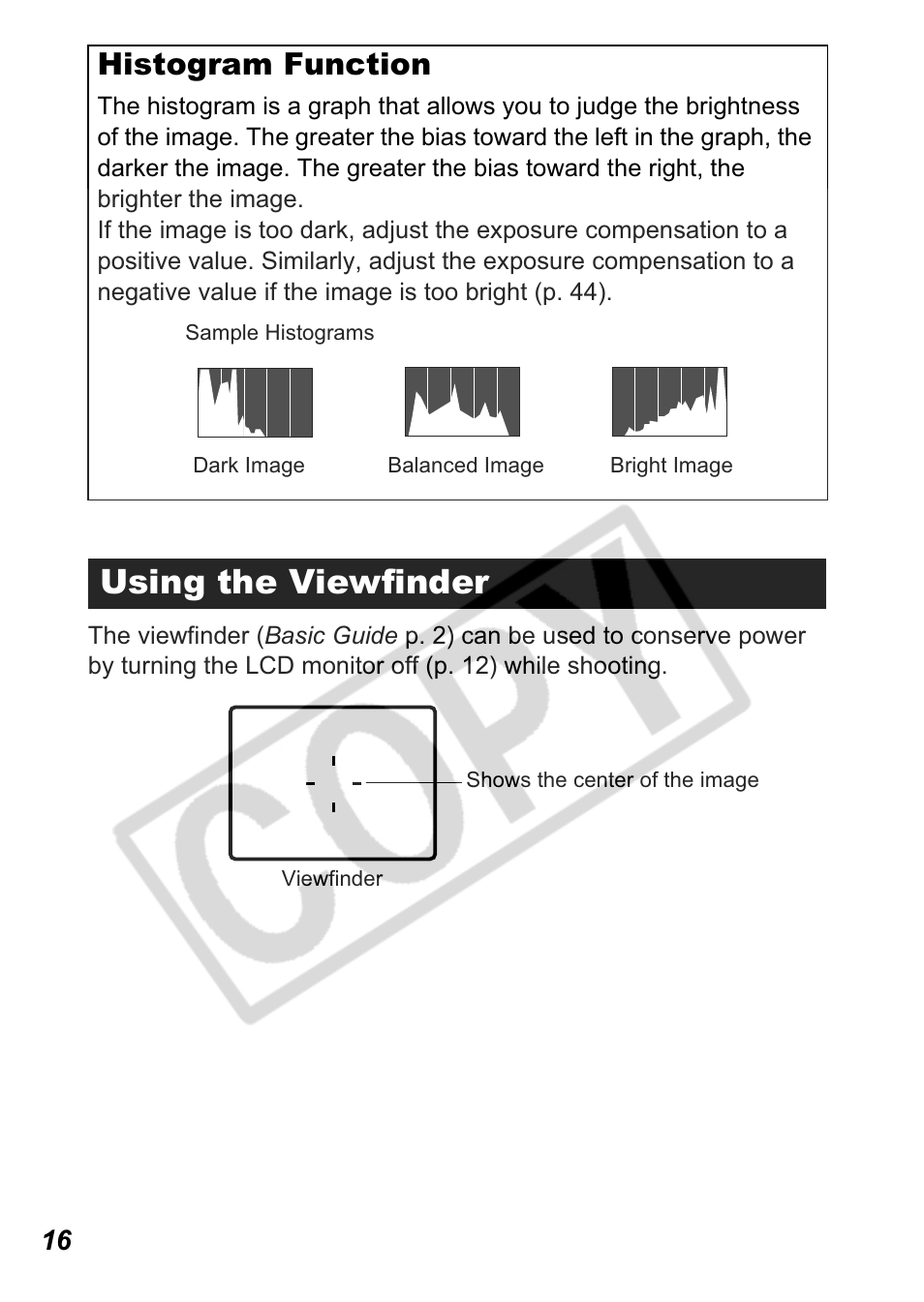 Using the viewfinder, Histogram function | Canon A550 User Manual | Page 18 / 123