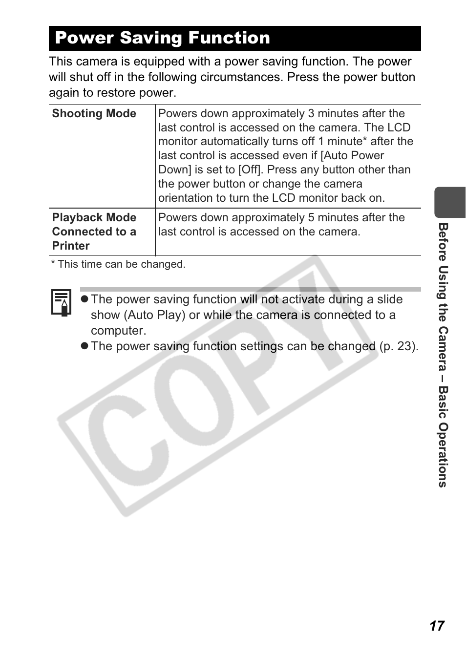 Power saving function | Canon A550 User Manual | Page 19 / 123